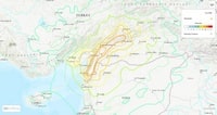 Turkey and Syria earthquake map with intensity and scale in miles and km