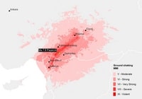 Turkey and Syria earthquake map with epicenter and Mercalli MMI scale