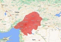 Turkey and Syria earthquake map with red area around epicenter