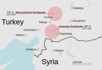 Map of the earthquake in Turkey and Syria with the two main earthquakes