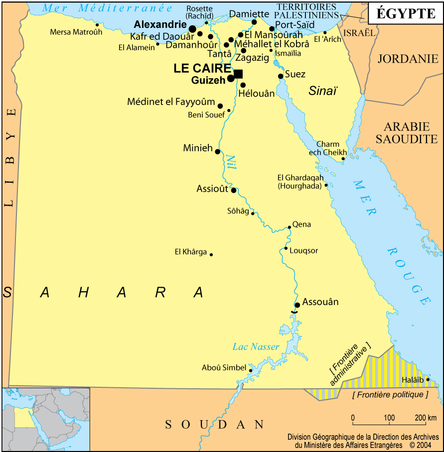 Map borders and cities of Egypt.