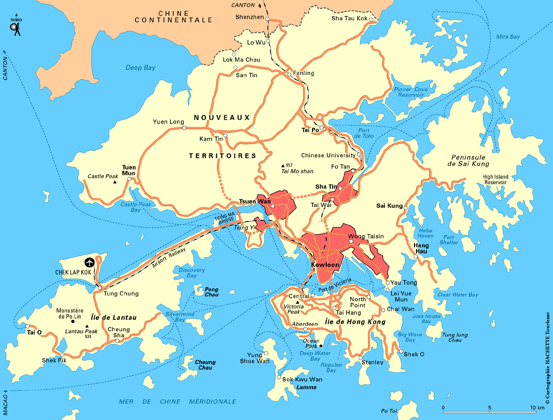 Map of Hong Kong with tourist information, such as monuments or mountaintops.