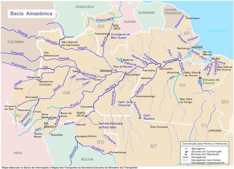 Map of the Amazon river system with locks and dams.