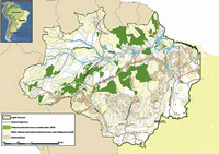 Carte des nouvelles réserves Map of new protected reserves of Amazonia after 2003, with national highways, and protected areas already deforested areas. de l'Amazonie légale après 2003, avec les autoroutes nationales, les zones déjà protégées et les zones de déforestation.