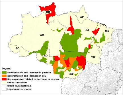 Map of the transition soil in Amazonia, green areas deforested and turned into pasture, orange areas deforested and converted to soybean cultivation and pastures turned into red soybean crop.
