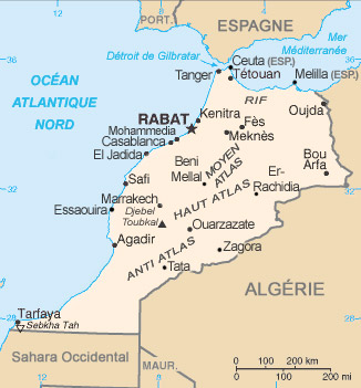 Carte du Maroc avec l'échelle en km et en miles.