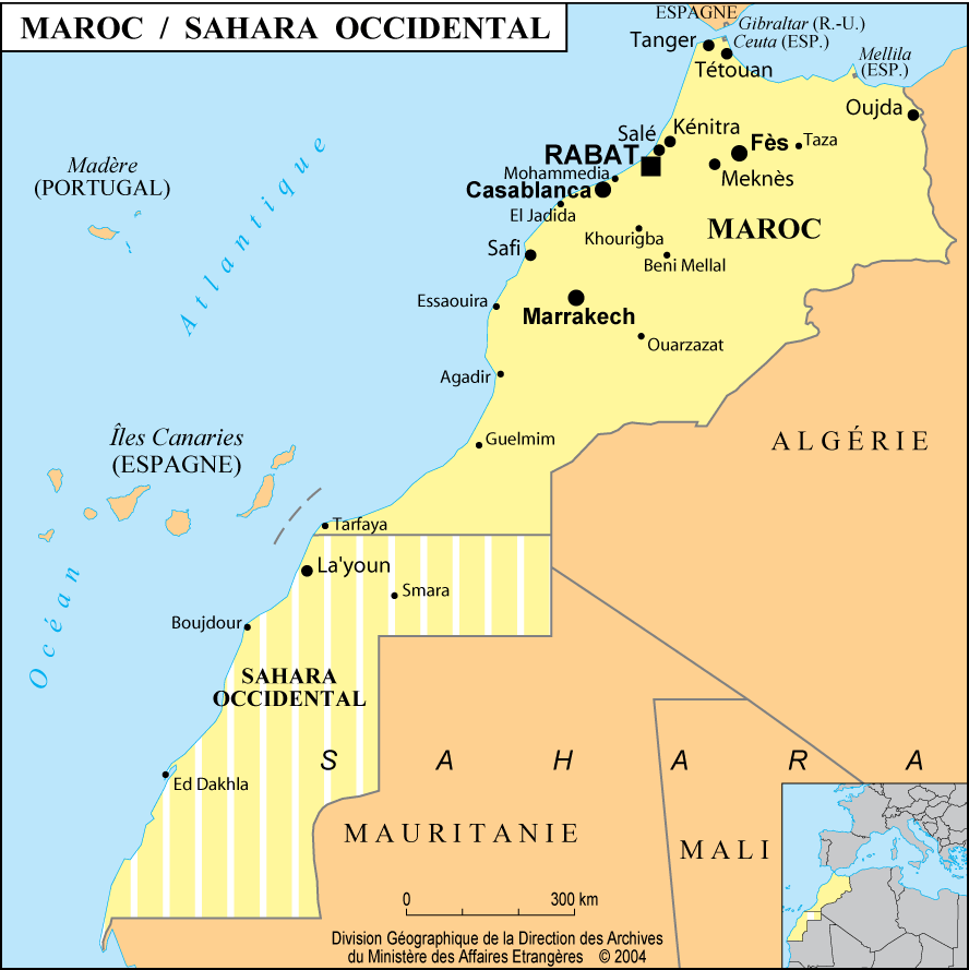 Carte du Maroc, du Sahara, des pays et des îles qui entourent le Maroc.