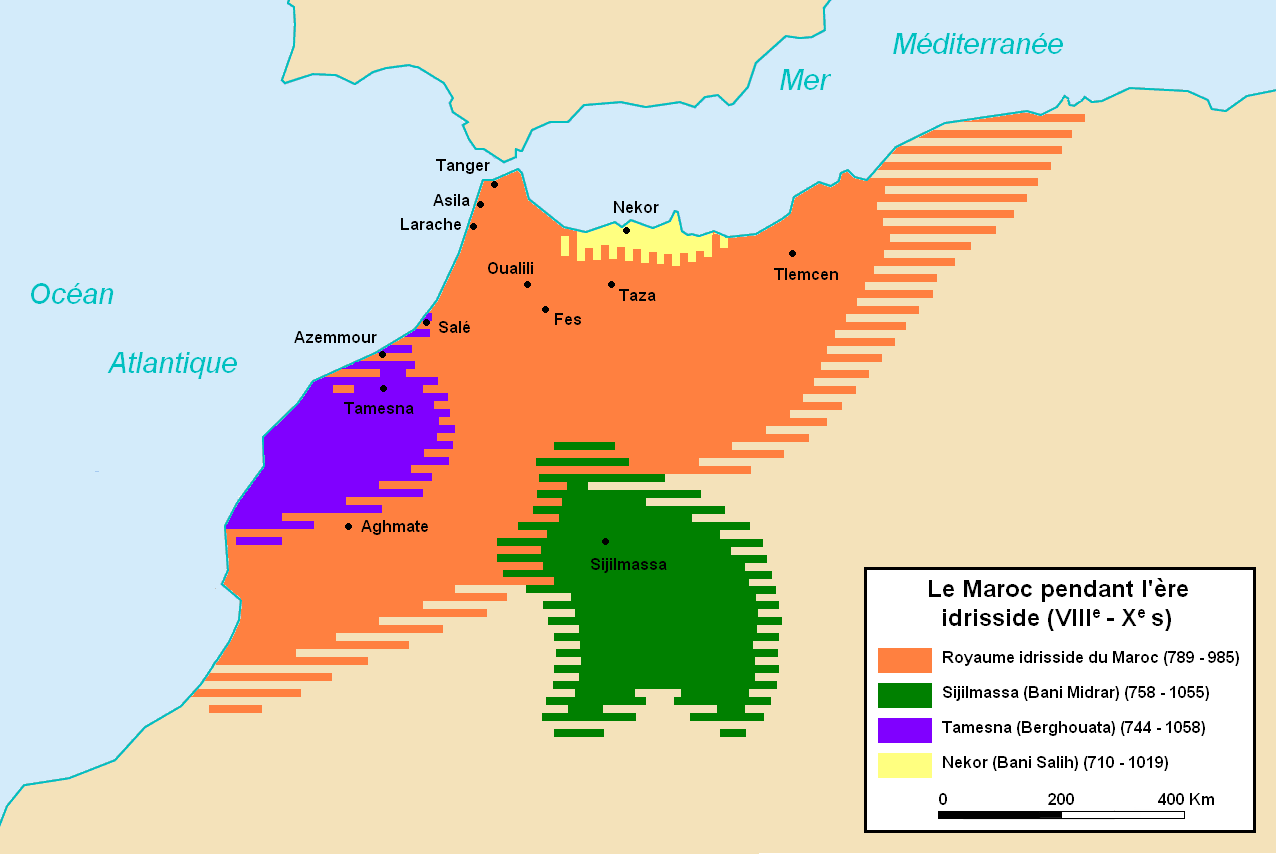 Carte du Maroc pendant l'ère Idrisside du VIIIème au Xème siècle