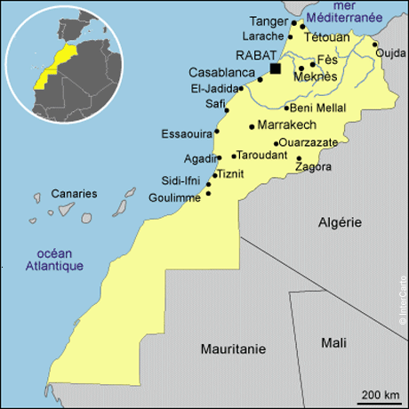Map of rivers and cities of Morocco