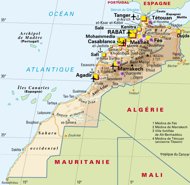 Map of cities and airports of Morocco