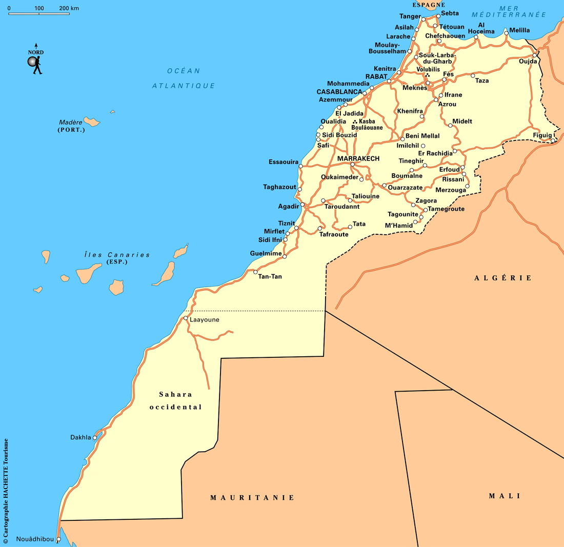 Map of cities and roads of Morocco