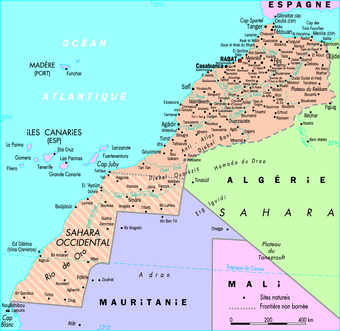 Map of regions and borders of Morocco