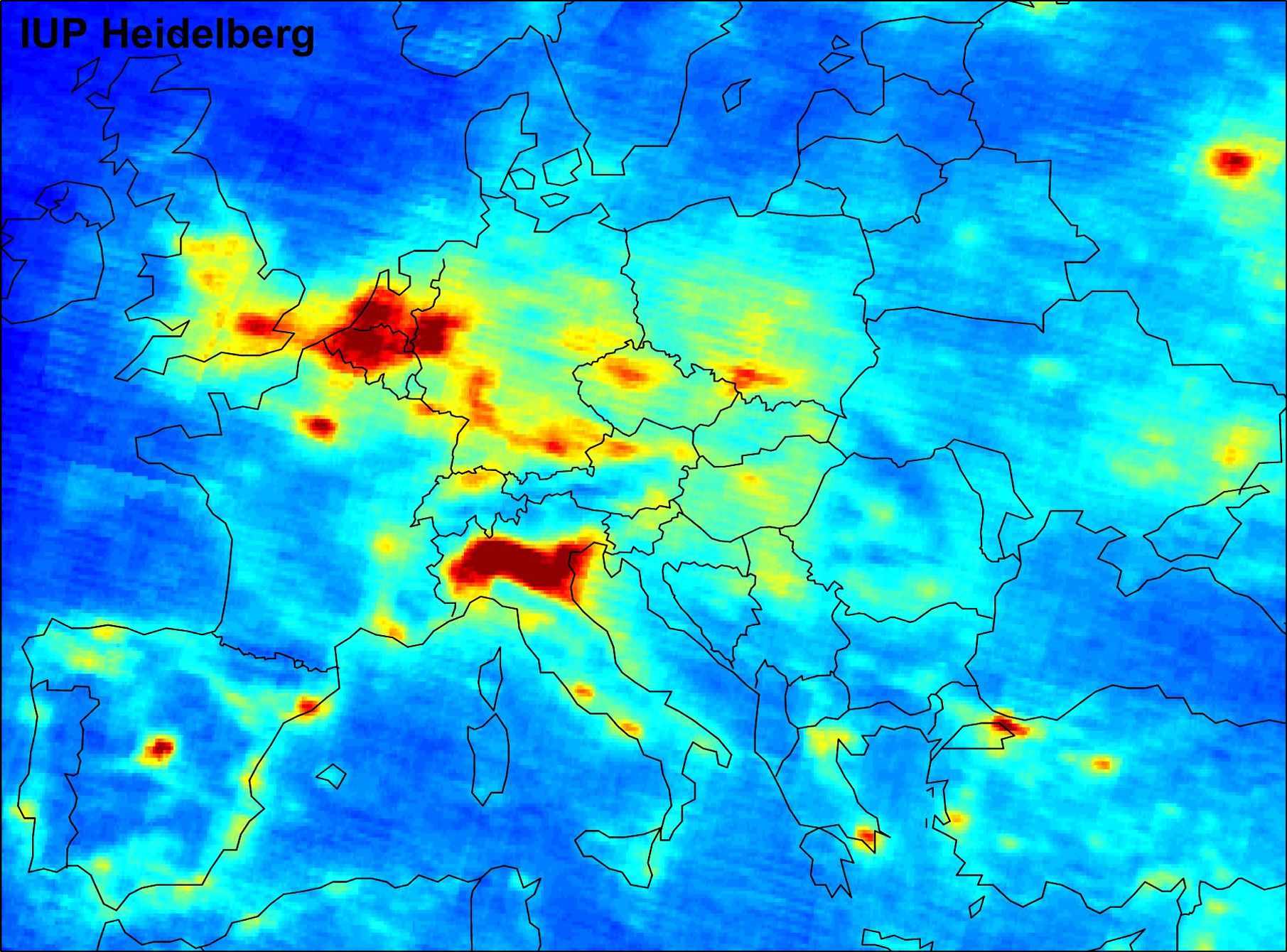 Map of nitrogen dioxide NO2 in the air in Europe.