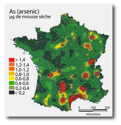 Pollution map of dry moss to arsenic in France.