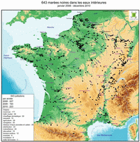 Map of oil spills in inland waters in France between 2008 and 2010.Approximately 7500 tonnes of oil (fuel, motor oil, solvent) were discharged into freshwater.