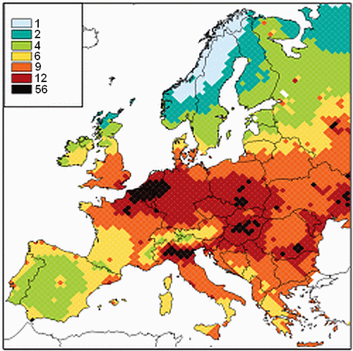 Statistical average loss of life expectancy in months in Europe