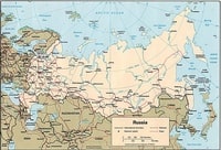Map of Russia with capital, railroad, road and scale in miles and km