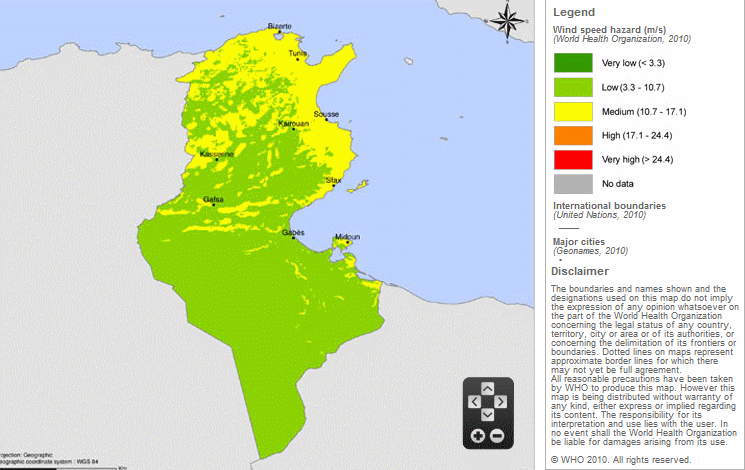 Map of average wind speed in Tunisia
