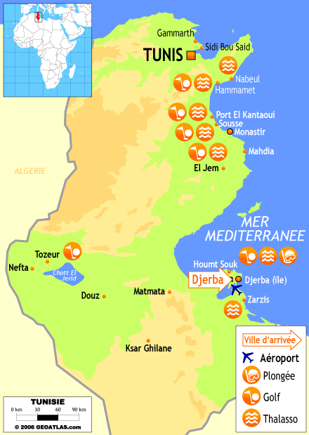 Map of Tunisia golf clubs, spa and diving.