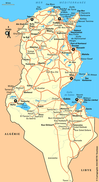 Map of roads, rivers and airports in Tunisia.