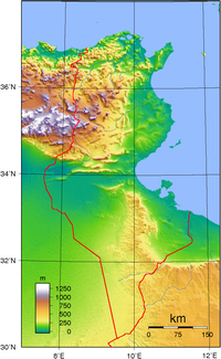 Topographic map of Tunisia with altitude in meters